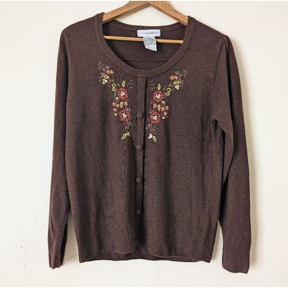 Vintage Sag Harbor Cottagecore Floral Beaded Cardigan Womens Large Brown